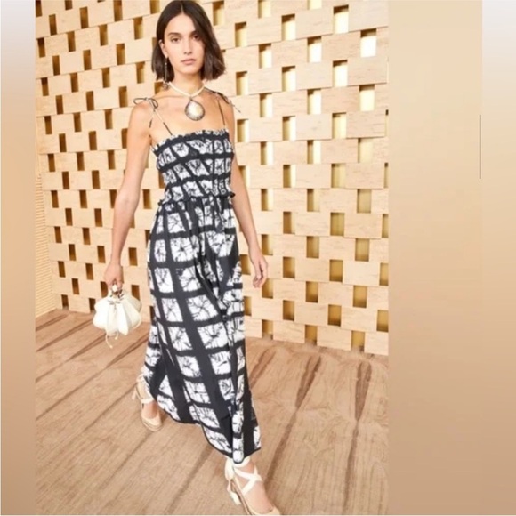 Ulla Johnson Akshara Dress Paragon Size 2 Tie Die Midi Dress Black White Smocked - Picture 15 of 16